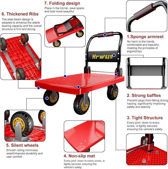 Hand Cart Dolly, Push Cart with 360 Swivel 5'' Wheels, 1200LBS Capacity, Dolly Cart with Wheels Warehouse Cart for Groceries, Garage, Warehouse - Red