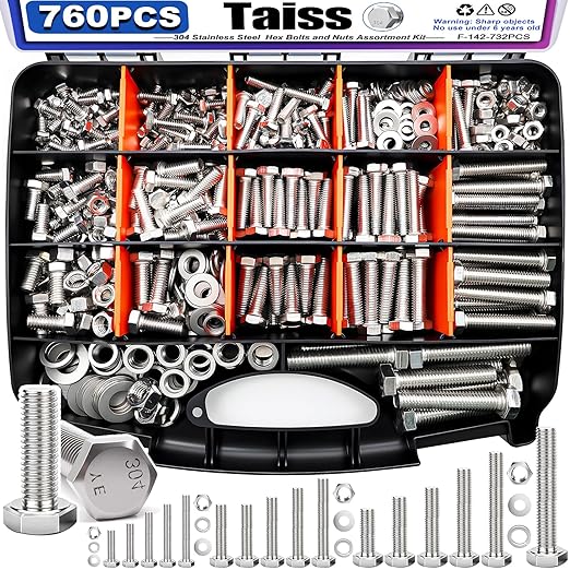Taiss 760PCS 18-8(304) Stainless Steel Hex Bolts and Nuts Assortment,1/4-20 5/16-18 3/8-16 1/2-13(Length 1/2" to 2-1/2") Heavy Duty SAE Nut and Bolt Assortment,Assorted Nuts and Bolts & Washers Kit