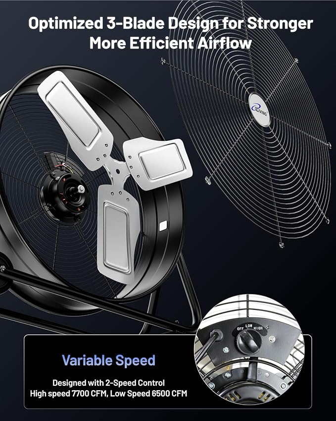 iLIVING 24" High Velocity Drum Fan Industrial, Commercial, Residential Air Circulator for Garage, Shop, Patio, Barn, Greenhouse, Speed Control 7700CFM, UL Listed,Black