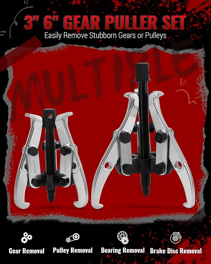 Reywoo Gear Puller Set, 3" and 6" Bearing Puller Kit for Pulley Gear Bearing Flywheel Removal, 2 Jaw & 3 Jaw Gear Puller with Reversible Jaws