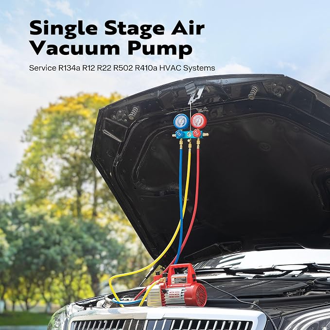 VIVOHOME 110V 1/4 HP 3.5CFM Single Stage Rotary Vane Air Vacuum Pump and AC Manifold Gauge Set Kit with Thermometer for R134a R12 R22 R502 R410a HVAC Air Conditioning Refrigeration Recharging Red