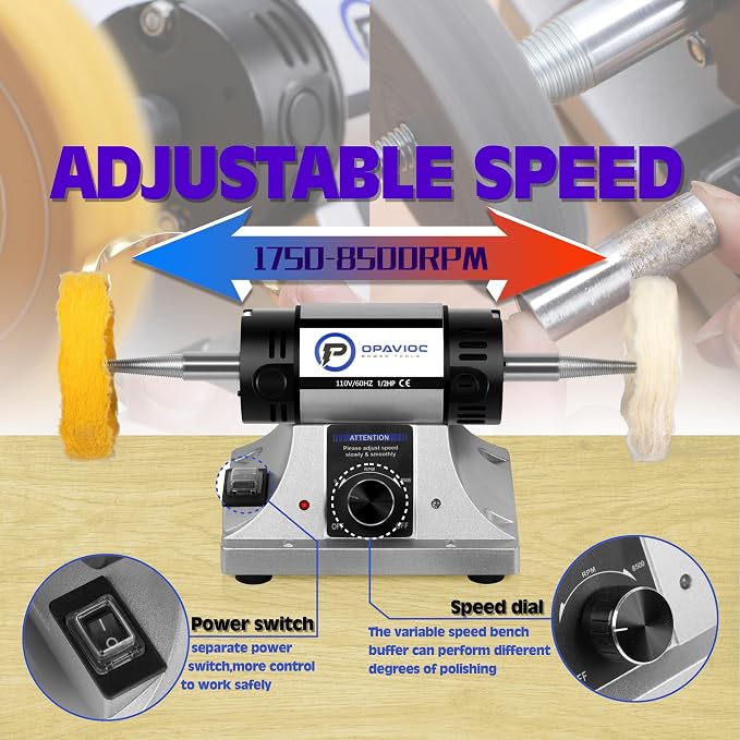 Jewelry Polisher - Adjustable Variable Speed Bench Buffer Polishing & Buffing Machine, Dental Buffer & Lathe - With Dust Collector Hood, Working Light & Filter for Jewelry, Silver and Metal Polishing