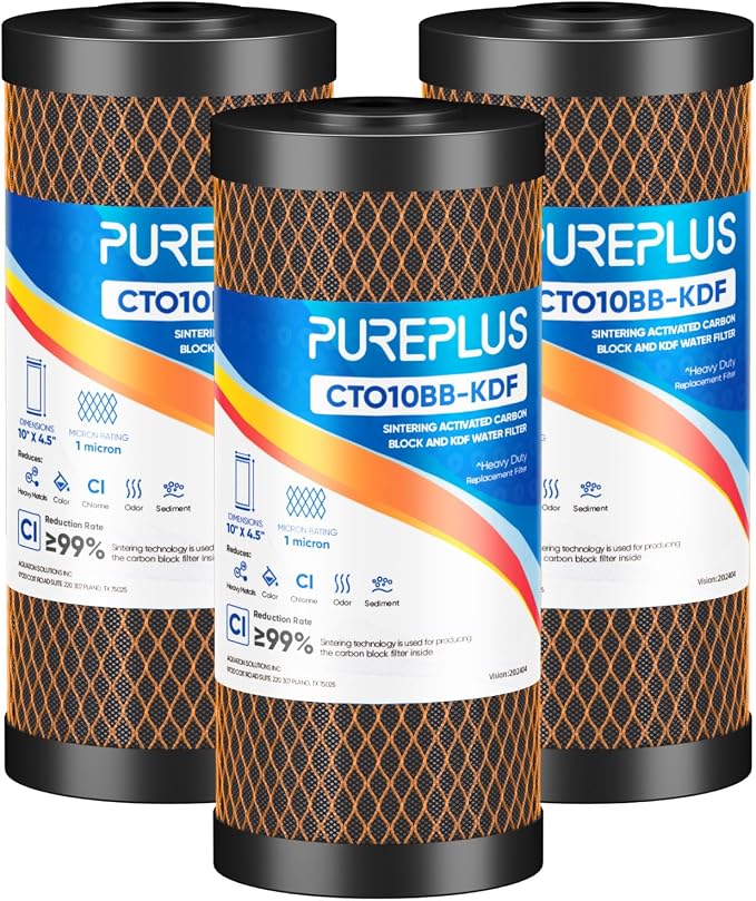 PUREPLUS 1 Micron 10" x 4.5" Whole House Coconut Shell Activated Carbon and KDF Water Filter, Heavy Metal Removal Replacement Water Filter, Compatible with GXWH40L, GXWH35F, BB10, CTO10BB-KDF, 3 PACK