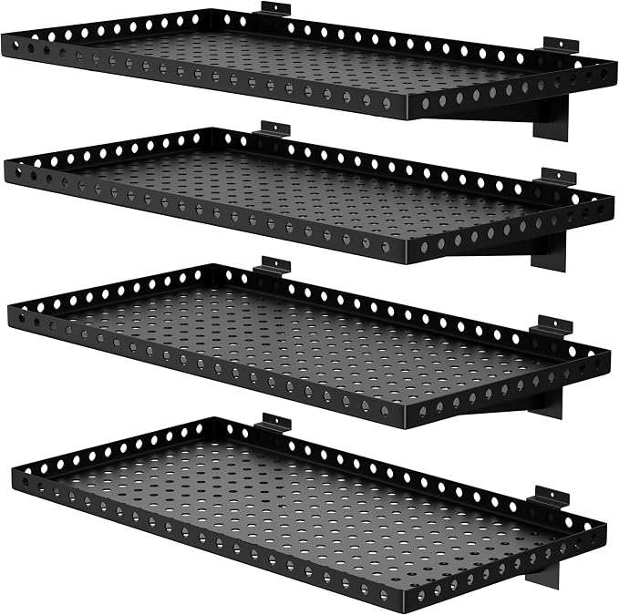 4 Pack Slatwall Shelves, Heavy Duty Black Metal Slat Wall Shelf for Retail, Garage, Home Storage, 110 lbs Load Capacity, Universal Slatwall Accessories (14 x 24 Inch-4, Black)