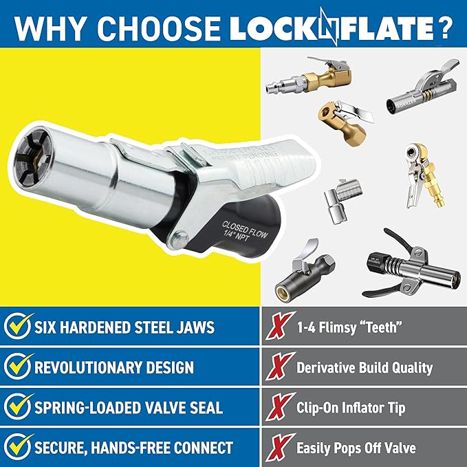 LockNFlate Locking Air Chuck - Six Steel Jaws Lock onto Any tire Valve - Won't Leak or pop Off - Rated to 150 PSI - Open Flow