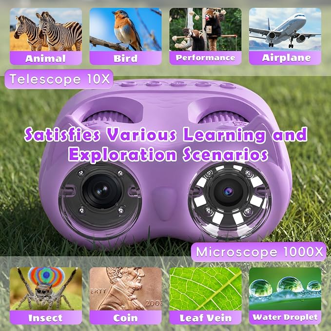 2-in-1 Kids Microscope and Telescope, 1000X Handheld Digital Microscope for Kids, 2.0" Screen, 8 LEDs, 10X Pocket Telescope for Outdoor, 1080P Camera STEM Toys Gift for Boys Girls 4-12, Purple