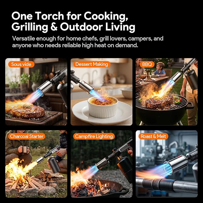 Propane Torch Gun, 30,000 Stable Ignition Kitchen Blow Torch with One-Touch Max Fire, Safety Lock & Adjustable Flame, Propane Torch Head for Searing Steak, Grill, BBQ, Charcoal Starter, Campfire