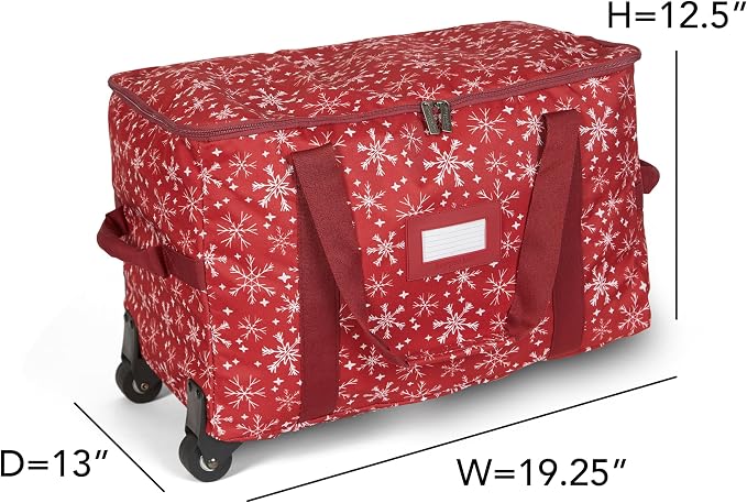 Covermates Keepsakes Rolling Treasurekeeper Storage Bag – Heavy-Duty Polyester with Dual Wheels & Handles – Protects Holiday Decorations with ID Window & Dual Zipper Access, Red Snowflake