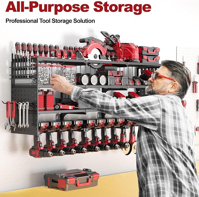 52" W Large Power Tool Organizer Wall Mount -4 Layer Heavy Duty Power Tool Rack,Tool Organizer Storage for Workshop Garage Basement,12 Cordless Tool Organizer