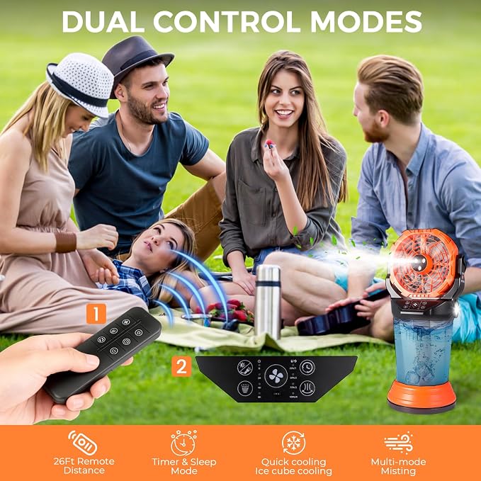 Fotgear Portable Misting Fan - 2026 New Mist Fan with 3 Spray Nozzles, 2 Spray Modes & 2L Water Tank, 20000mAh Battery & Remote, 120° Auto Oscillating, RGB Lights & Flashlight for Camping Patio Beach
