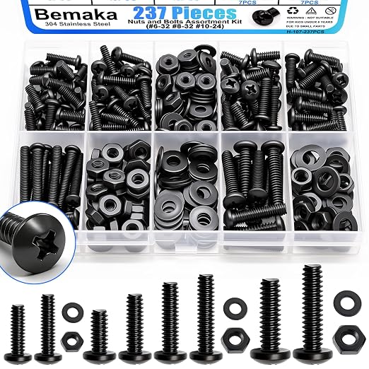 237PCS Machine Screws Nuts and Bolts Assortment Kit, 304 Stainless Steel Bolts 8 Sizes #6-32#8-32#10-24 Phillips Pan Head Hardware Screws Assortment Kit, Assorted Bolts, Nuts and Washers Kit
