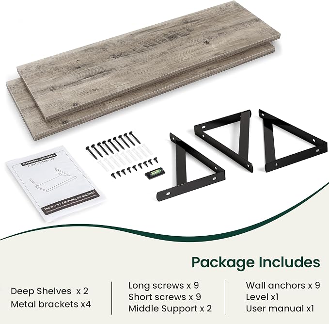 Floating Shelves 12 Inch Deep, 48W x 12D Wall Shelf Set of 2, 70 lbs Heavy Duty Reversible Metal Brackets, Deep Industrial Book Shelf for Living Room Kitchen Bath Bedroom Coffee Bar, Grey