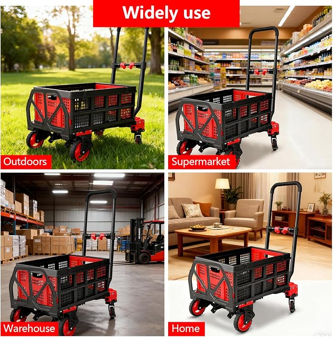 2-in-1 Hand Truck Dolly with Folding Basket, 330LB Heavy Duty Carrying Portable Handtruck, Foldable Hand Dolly with 360° Swivel Wheels&Retractable Handle for Moving, Luggage, Shopping, Office