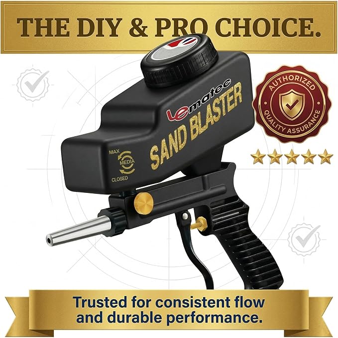 LE LEMATEC Portable Sand Blaster Gun Kit, Pneumatic Tool for Rust Removal | Glass etching, paint stripping, surface prep, deburring, steel nozzle, gravity feed, 90 PSI, model AS118