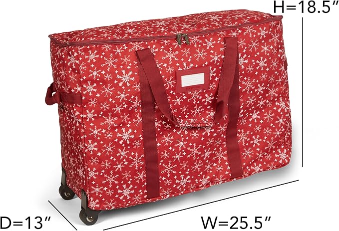 Covermates Keepsakes Rolling Treasurekeeper Storage Bag – Heavy-Duty Polyester with Dual Wheels & Handles – Protects Holiday Decorations with ID Window & Dual Zipper Access, Red Snowflake