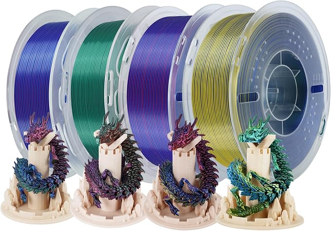 Kingroon PLA Filament, Multicolor Silk PLA Filament, Tri Color 3D Printer Filament, 1.75 mm, Dimensional Accuracy +/- 0.03 mm, 4kg Spool(8.8lbs) 4 Rolls, 4 Different Multicolor Filaments