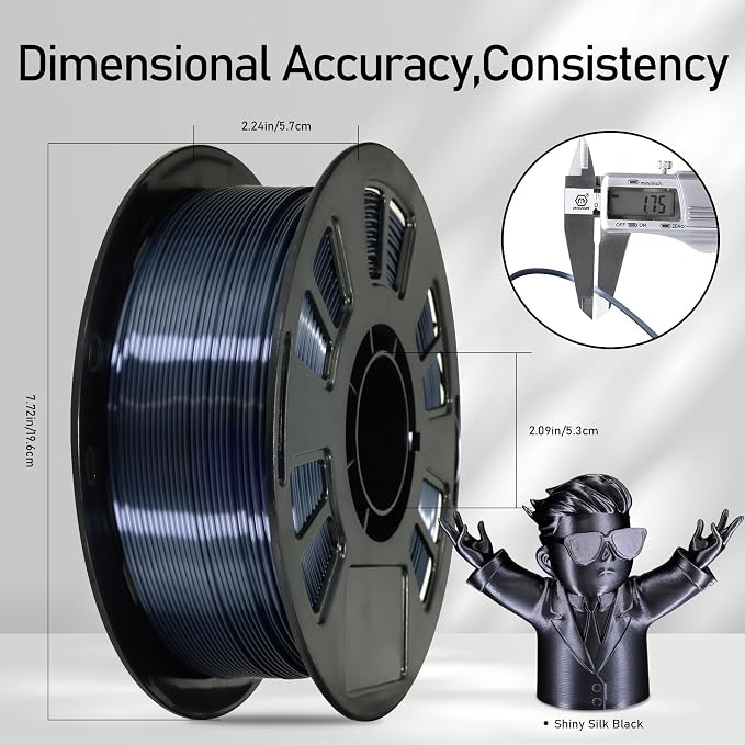 Silk Black PLA Satin Shiny 3D Printer Filament, 1.75mm Diameter 1kg Spool 2.2lbs for FDM 3D Printers
