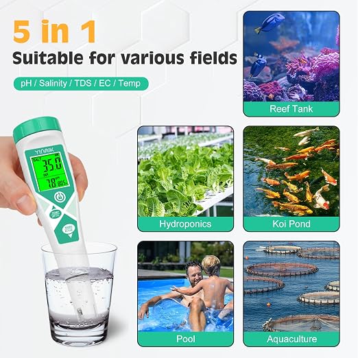YINMIK Pool pH Salt Tester, Digital Salinity Meter for Saltwater Pool, Simultaneous Display Salt pH TDS for Koi Pond, Reef Tank, Aquarium, Hydroponic PPM pH EC Reader, Hydrometer with S.G. Card