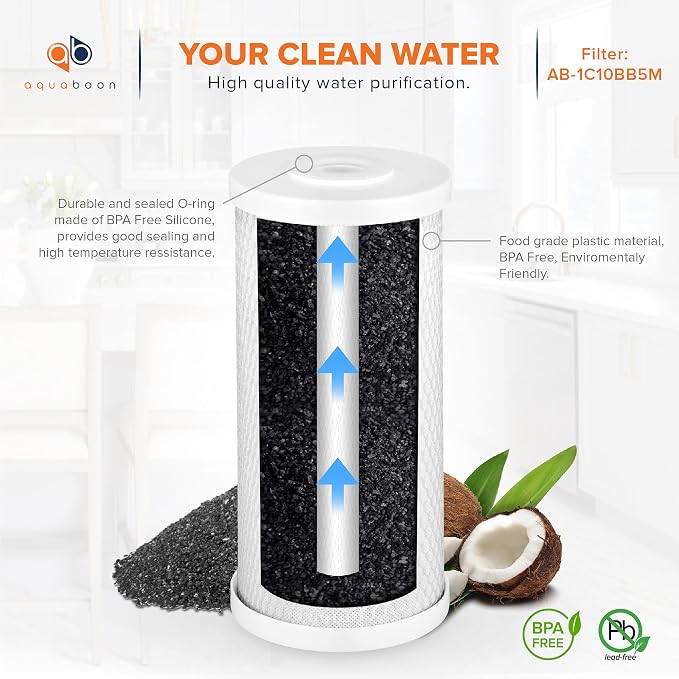 Aquaboon 5 Micron 10x4.5 Carbon Block Water Filters Whole House CTO Water Filter Replacement Cartridge Compatible with FXHTC, CB-BB-10, EP-BB, 4-Pack
