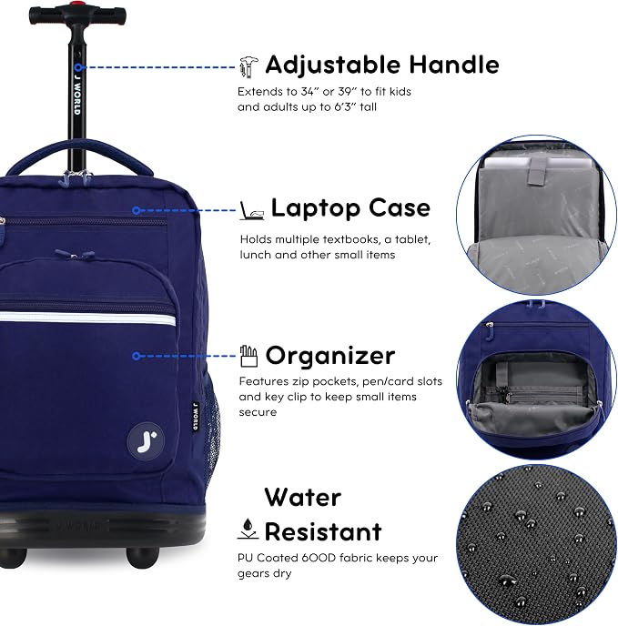 J World Sundance Laptop Rolling Backpack for Girls Boys. Roller Bookbag with Wheels, 20 Inch, Navy