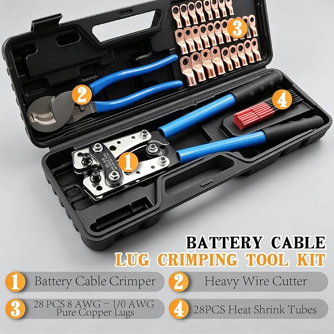 Battery Cable Crimping Tool Kit & Wire Cutter,Wire Crimper for 8,6,4,2,1,1/0 AWG Heavy Duty Wire Lugs With 56pcs Copper Lugs & Heat Shrink Tubing