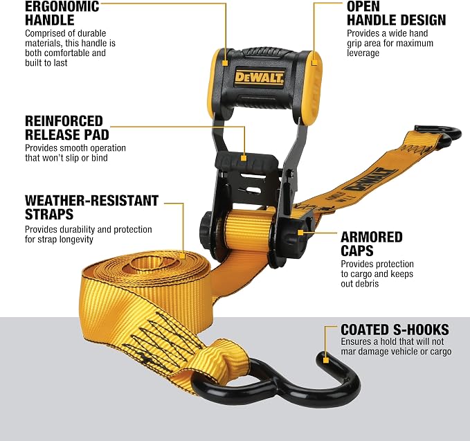 DEWALT DXBC18001-12PK Black/Yellow 1.25" x 12' Ratchet Tie Down Straps - Light-Weight Cargo Hauling (1800 lb Break Strength), 12 Pack