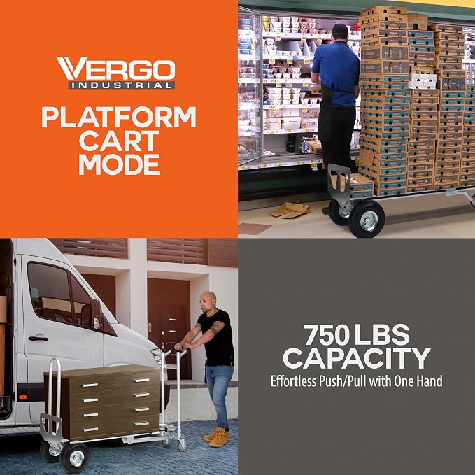 Vergo Industrial Convertible Hand Truck - AS7A2 Heavy Duty Aluminum 3 in 1 Dolly (750 lb Capacity) Lightweight Frame, Ergonomic Handle, Extendable Loop, Versatile Moving Dolly (3 Positions, 53" High)