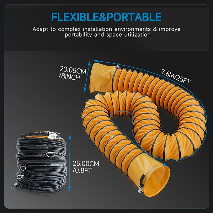 Hon&Guan 8 Inch PVC 25 FT Flexible Duct with Adjustable Rope and D-Shaped Rings, Suitable for Free Hanging and Utility Blower Exhaust Fan Support
