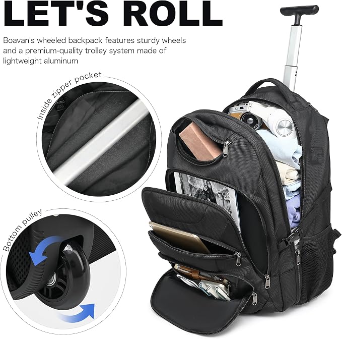 Boavan Wheeled Backpack,18.4 inch Water Resistant Rolling Backpack,Carry on Luggage Business Bag, Overnight College Computer Backpacks Trolley Suitcase for Men Women Adults to Travel，Black