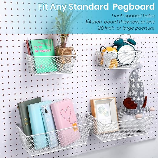 Sieral 4 Pcs Pegboard Baskets Metal Wire Shelf Baskets Peg Board Organizer Accessories Wall Mount Organizer Attachments for Garage Workbench Various Tool Accessories, 2 Sizes (White,Medium, Large)