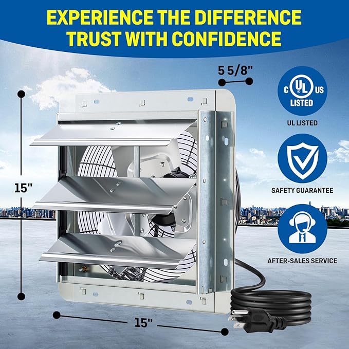 iLIVING 12" Wall Mounted Shutter Exhaust Fan, Automatic Shutter, with Thermostat and Variable Speed controller, 0.6A, 960 CFM, 1400 SQF Coverage Area Silver (ILG8SF12V-ST)
