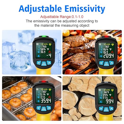 Infrared Thermometer Temperature Gun, -58°F to 1472°F, Digital Laser Thermometer Gun with Probe for Cooking, Pizza Oven, Grill & Engine, IR Thermometer Temp Gun with Adjustable Emissivity & Humidity
