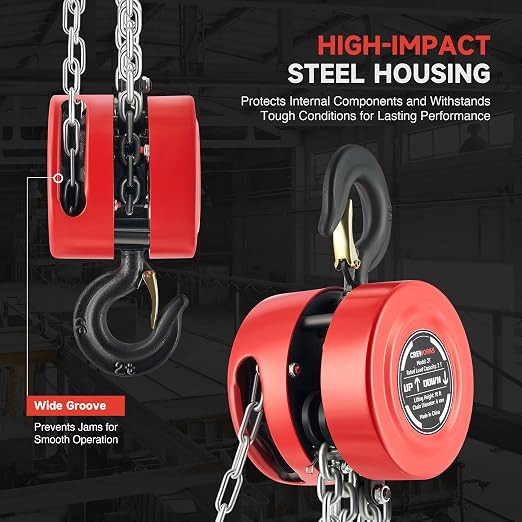 CREWORKS Hand Chain Hoist, 2 Ton 4400 lb Capacity 10 ft Manual Chain Hoist with G80 Load Chain & Galvanized Hand Chain, Heavy Duty Manual Lever Hoist for Construction Warehouse Automotive Factory
