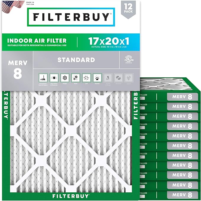 Filterbuy 17x20x1 Air Filter MERV 8 Essential Dust & Allergy Defense (12-Pack), Electrostatic Pleated HVAC AC Furnace Filters Replacement, Made in USA (Actual Size: 16.50 x 19.50 x 0.75)