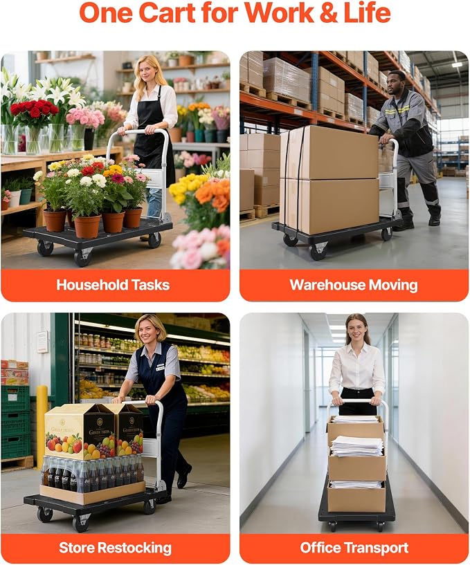 VEVOR Foldable Push Cart Dolly, 660 lbs Capacity, Folding Platform Truck with Swivel Wheels, Moving Platform Hand Truck Flatbed Cart, Space Saving Push Handle, for Easy Storage, 35.2 x 23.4 x 33.5 in