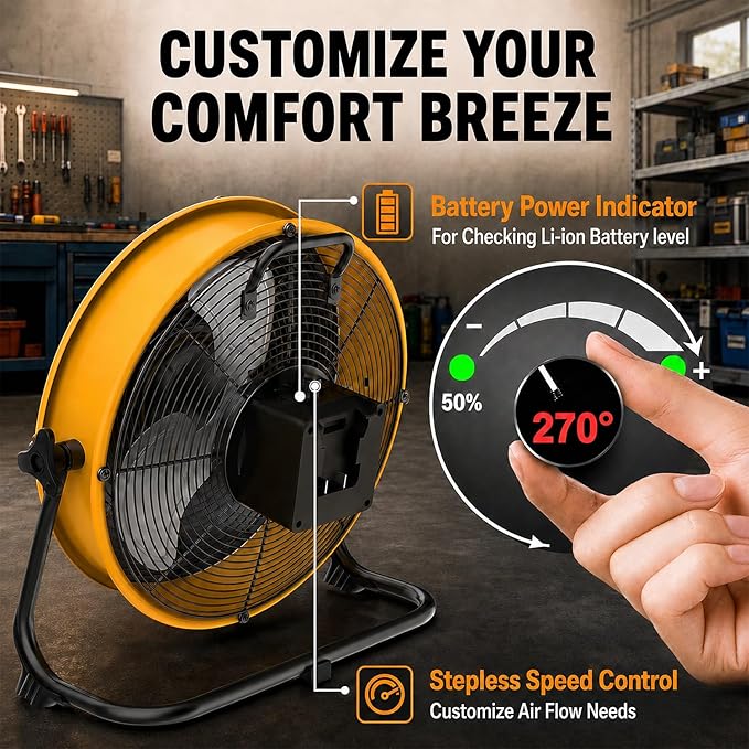T-SUN 12 Inch Battery Powered Fan with LED Light, Portable Battery Operated Fan Compatible with DeWalt 20V Max Battery, Cordless Floor Fan with USB-C for Garage, Camping, Jobsite & Emergency