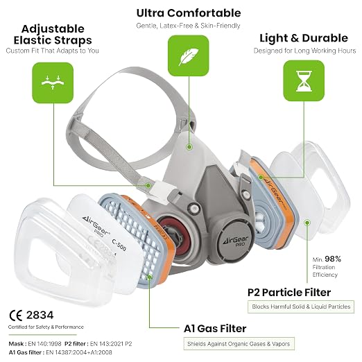 AirGearPro G-500 Reusable Respirator Mask with A1P2 Filters | Anti-Dust Mask Ideal for Painting, Woodworking, Construction, Sanding, Spraying, Chemicals, DIY etc