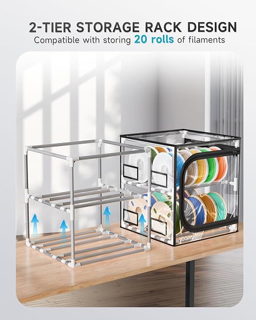 YOOPAI 3D Printer Filament Storage Box – 2 Tier Filament Storage Rack with Transparent Cover, Holds Up to 24 Rolls 1KG – 3D Filament Storage Organizer for Home, Workshop & Studio
