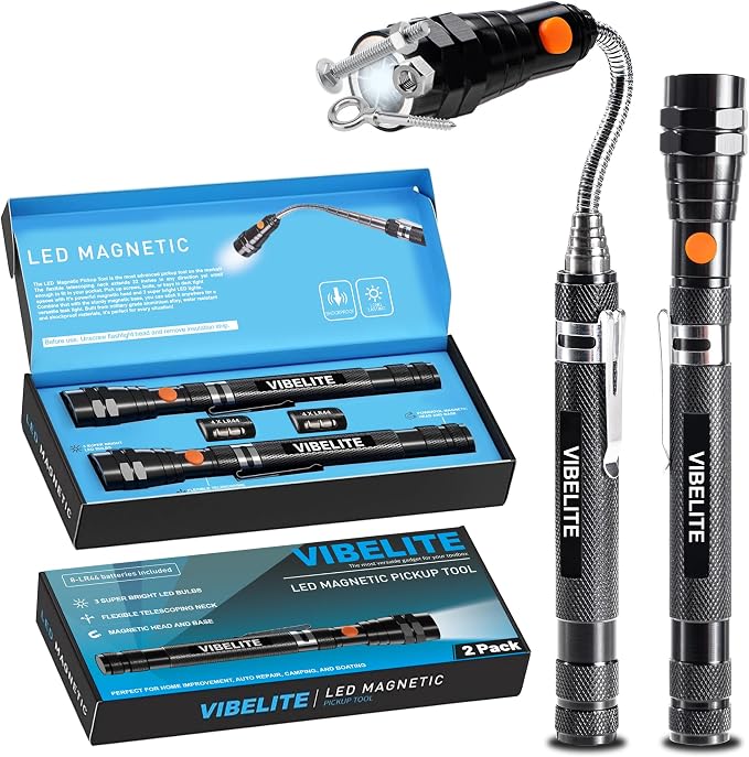 Extendable Magnetic Flashlight with Telescoping Magnet Pickup Tool-Cool Gadget, Fathers Day Dad Gifts, Birthday Gifts for Men, Dad, Husband, Him, Father, Mechanic, Boyfriend, Women, Black, 2 Pack