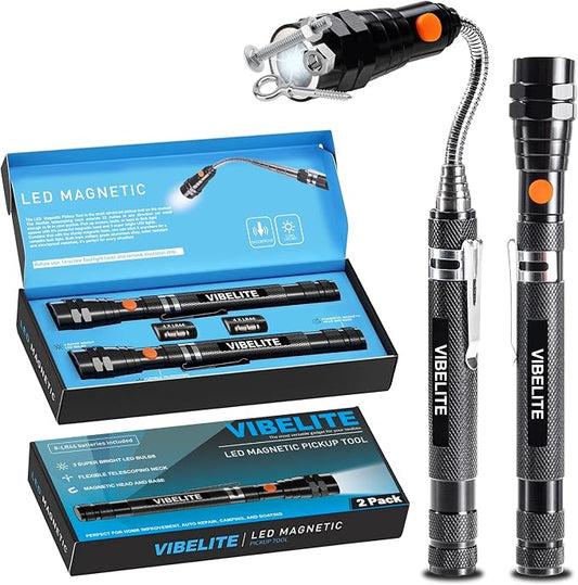 Extendable Magnetic Flashlight with Telescoping Magnet Pickup Tool-Cool Gadget, Fathers Day Dad Gifts, Birthday Gifts for Men, Dad, Husband, Him, Father, Mechanic, Boyfriend, Women, Black, 2 Pack