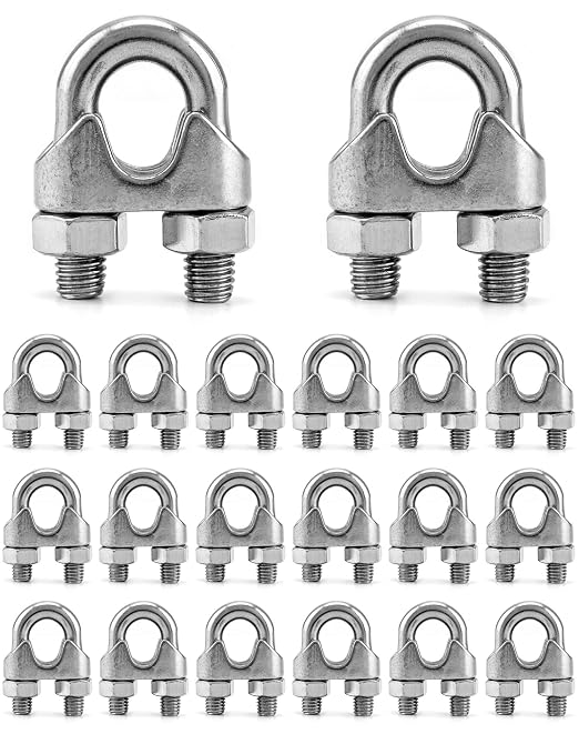 QWORK 1/2" Wire Rope Clamp Clip M12, 20 Pack Large U Bolt Saddle Guy Fastener, 304 Stainless Steel Fastener Cable Clamps, Connect 2 Layers of Wire to Form a Loop