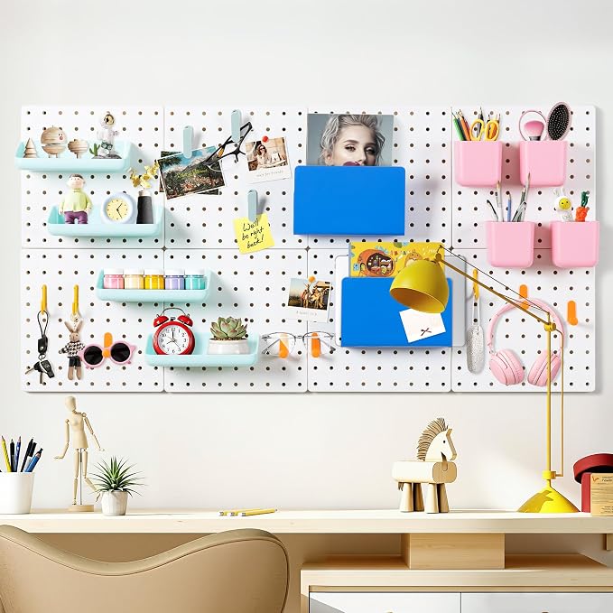 Wall Mounted Key Hooks Organizer with Pegboard Panel, 44"x22" Heavy Duty Pegboards with 2 Installation Methods, Hanging Wall Storage for Home, Garage & Office, White