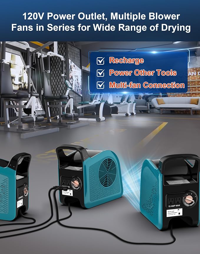 Air Mover Blower Fan - Carpet Dryer for Cooling, Drying and Ventilating, 355CFM Powerful Floor Fans for Home and Garage with 3 Speeds, High Velocity Utility Fan with 2 Outlets, 130W, Blue