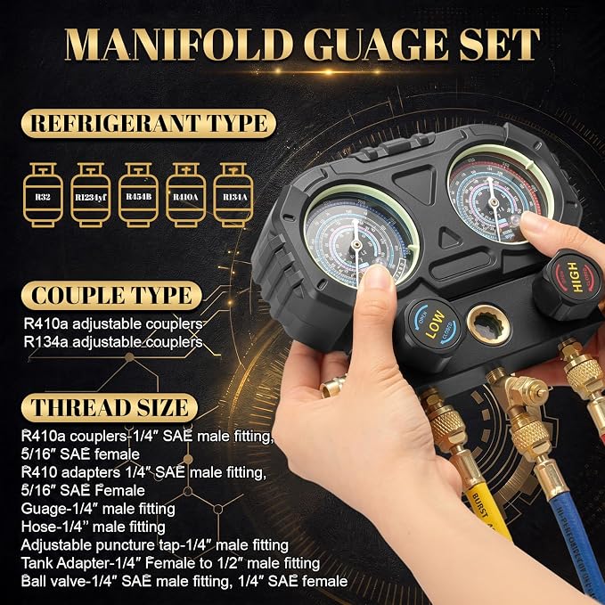 Tellegloww HVAC A2L Analog Manifold Gauge Set for R22 R32 410A 134A R454B Refrigerant with Hose Kit, 4 Refrigerant Angled Compact Ball Valve and 2 R410A Adapter 2 R454B Adapter