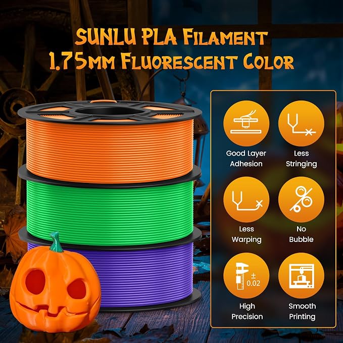 SUNLU Fluorescent PLA 3D Printer Filament, PLA Filament 1.75mm, Brighter Color for Halloween Decoration, Neatly Wound Filament, Fit Most FDM 3D Printer, 1kg Spool, Fluorescent Yellow