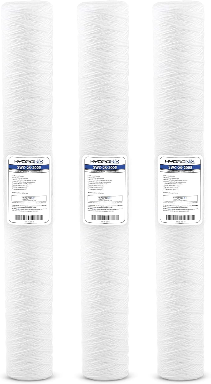 Hydronix HX-SWC-25-2005/3 Universal Nsf String Wound Sediment Water Filter Cartridge 2.5 inch x 20 inch - 5 micron - 3 Pack, White