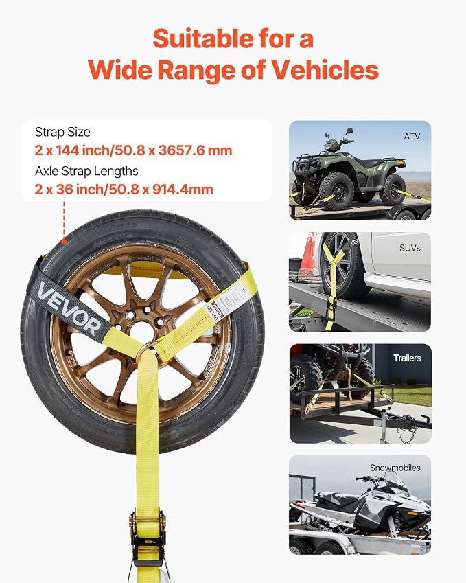 VEVOR Wheel Chock Tie-Down Kit, Tire-Style Trailer Tie Down Strap, Car Tie Down Kit with Spring Hook, Break Strength 10009 lbs & Working Load 3333 lbs Motorcycle System for ATV, SUV, Trailer