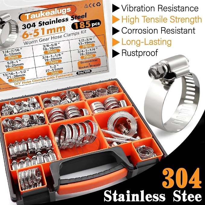 304 Stainless Steel Hose clamps Kit, Metal Strap and Strong Fasteners Set | 196PCS 1/4 to 2 inch Worm Gear Clamp Assortment 8 Sizes and 10FT Band Strap for Automotive, Plumbing, Fuel Pipe and DIYers