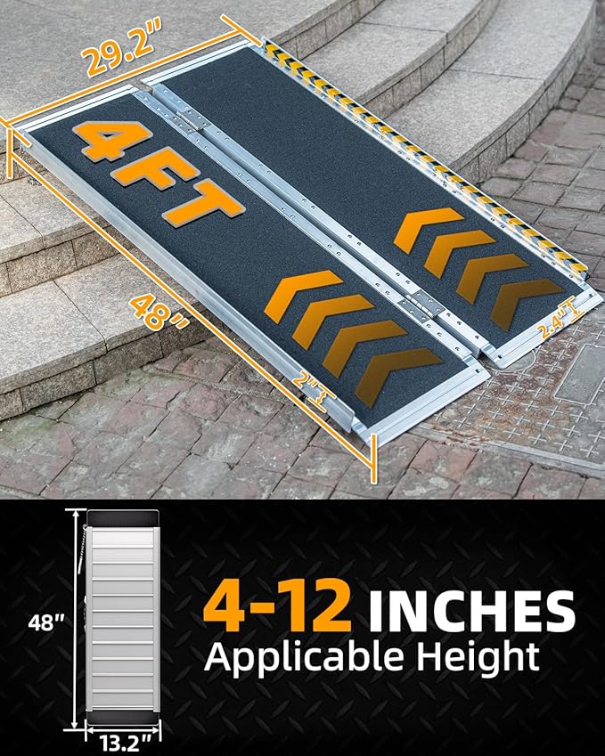 VNN Portable Wheelchair Ramp 4FT, Non-Slip Aluminum Ramps for Wheelchairs for Home, Handicap Wheelchair Ramps for Home Steps, Aluminum Loading Dock Plates, Doorways, Black