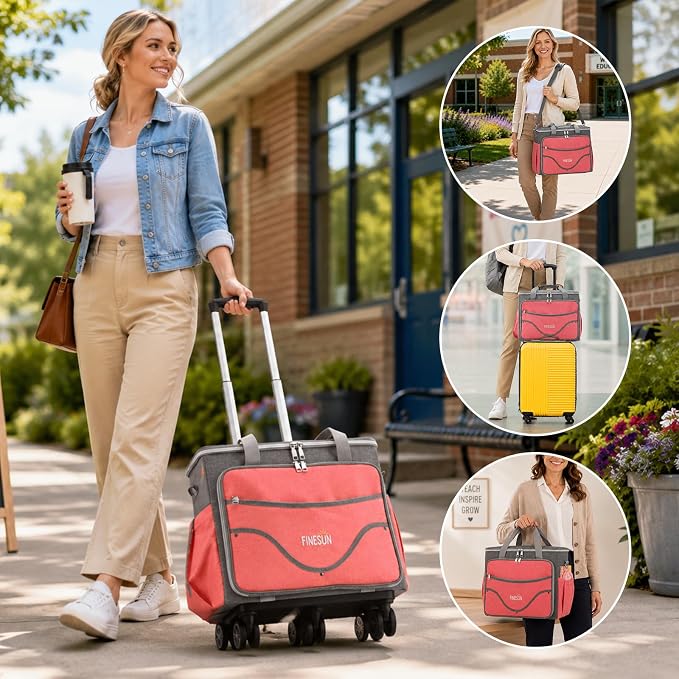 Rolling Teacher Tote Bag with Wheels, Heavy Duty Wheeled Craft Organizer Bag, Portable Art Scrapbook Storage Cart, Travel Office Carry Tote for Women Teachers Craft Supplies Storage Pink